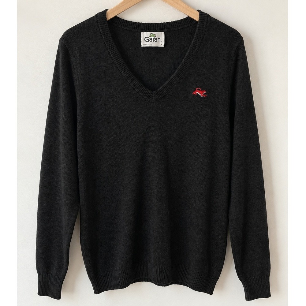 Garan V-Neck Sweater Mens Large Black Vintage Made in USA Embroidered Logo Retro